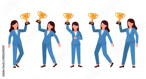 Businesswomen celebrating with trophies with transparent background