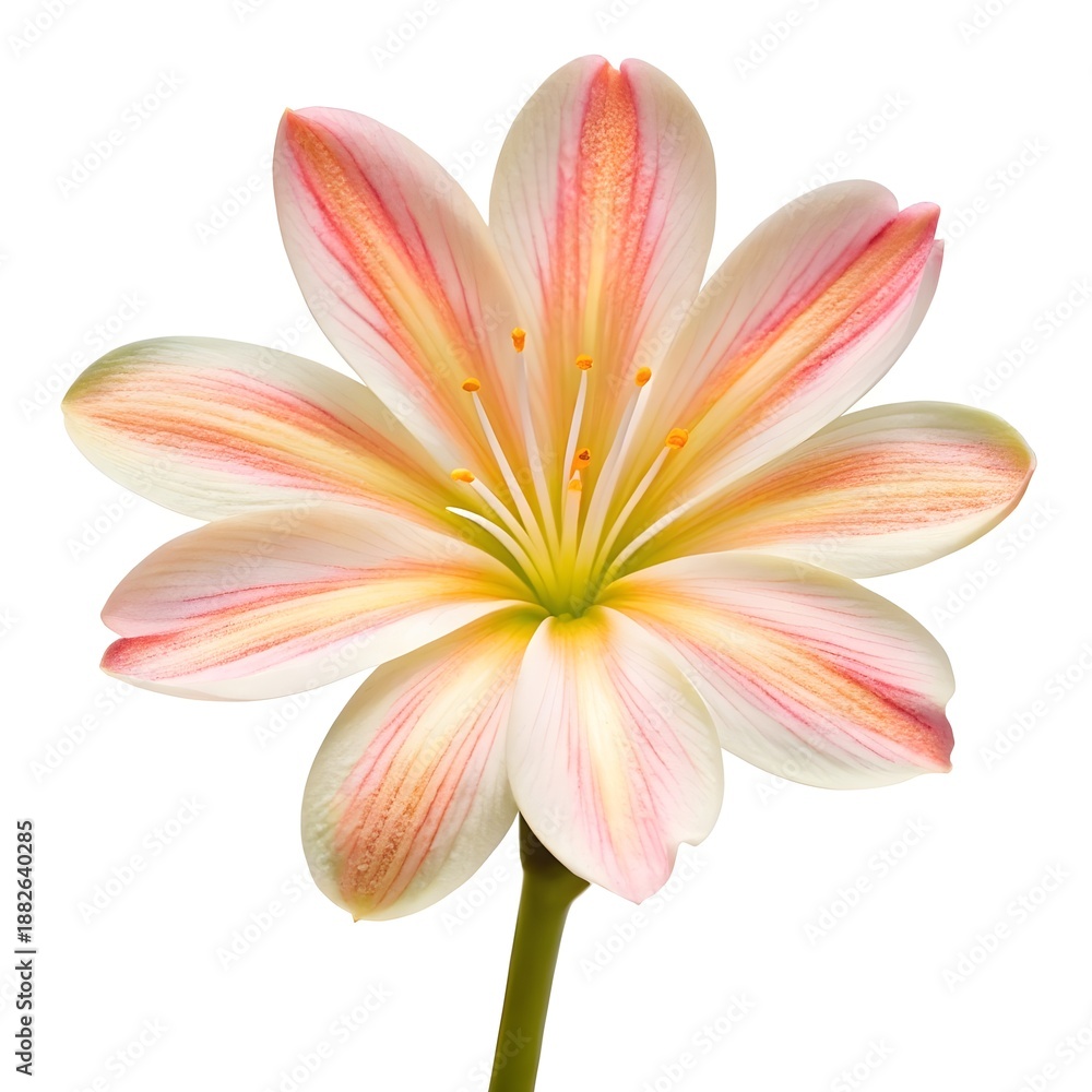 Fototapeta premium Delicate Bitterroot (Lewisia) Flowers In Bloom On A Clean White Solid Background, Highlighting Soft Pink Petals, Natural Alpine Beauty, And Botanical Elegance Perfect For Nature, Garden, Or Floral Des