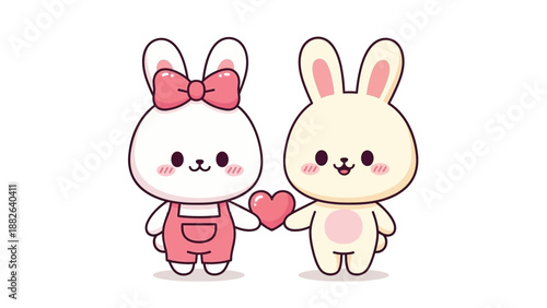 Two cute cartoon rabbits holding a heart, one with a pink bow and overalls, against a clean white background with a sweet and loving mood.