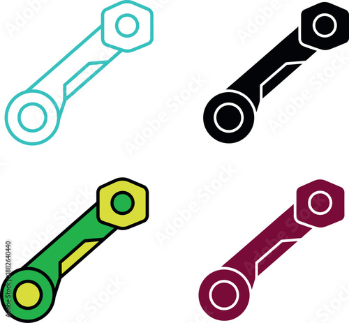 Colorful and black mechanical connectors with hexagonal heads and circular ends