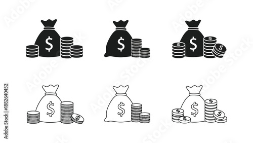 Collection of money bag and coin icons representing finance and wealth concepts