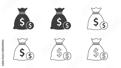 Collection of money bag icons showing different currency value symbols