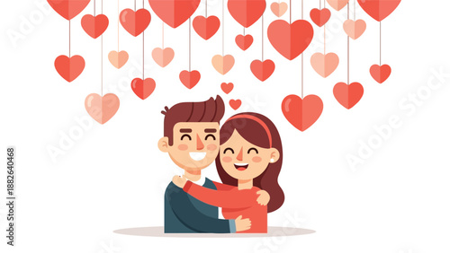 Illustration of a smiling couple embracing under hanging hearts in various shades of red on a white background with a romantic mood.