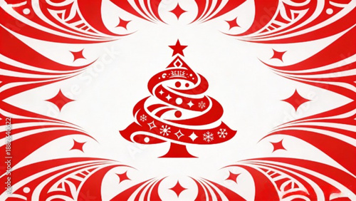 Vector illustration of a red Christmas tree with tribal art patterns, star ornament, and ribbon for a merry winter holiday celebration design