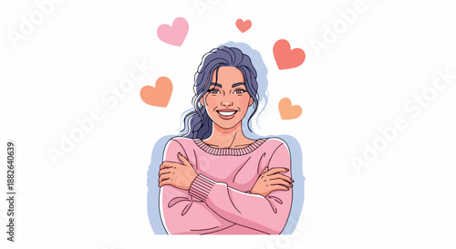 Happy woman with hearts around her with transparent background