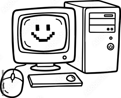 Retro desktop computer line art illustration with a pixelated happy face on the monitor screen