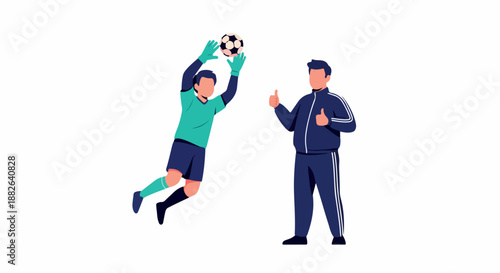 Soccer goalkeeper training with coach, isolated