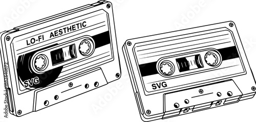 Vintage Cassette Tape Line Art Illustrations Labeled Lo-Fi Aesthetic for Retro Music Design