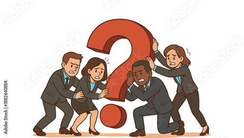 Four business people struggling to hold up a large question mark together