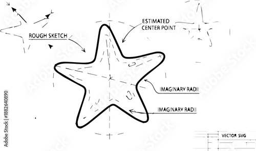 Technical Biological Sketch of a Starfish Featuring Imaginary Radii and Center Point Measurements