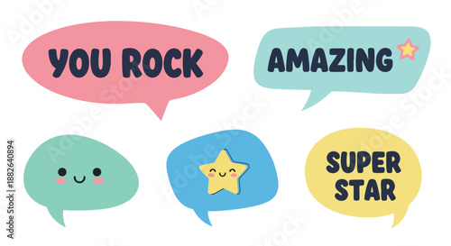 Encouraging speech bubbles with stars and smiles