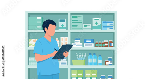 Pharmacist checking medication on shelves in pharmacy