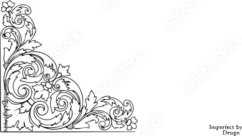 Intricate hand-drawn floral corner ornament with baroque scrollwork and filigree details for classic invitations and designs