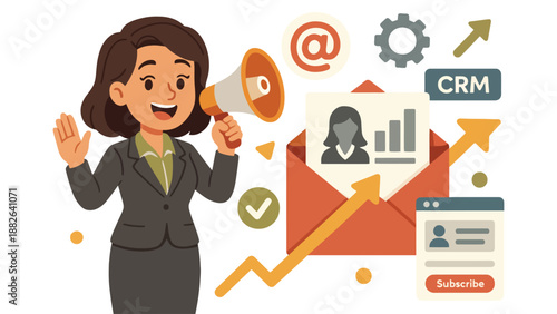 A cartoon businesswoman holding a megaphone surrounded by email marketing icons and CRM symbols.