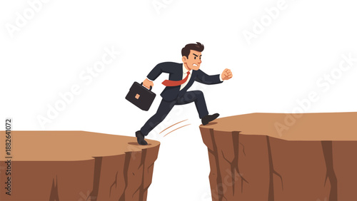 A businessman in a suit jumping between two cliffs with a briefcase