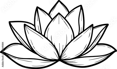 Minimalist black and white line art drawing of a lotus flower in bloom, symbolizing zen, purity and enlightenment