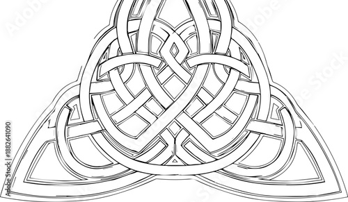 Intricate symmetrical Celtic knot design with complex interwoven lines in a black and white geometric line art style