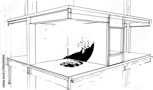 Architectural 3D wireframe cross-section of a building structure with a vibrant gradient logo overlay