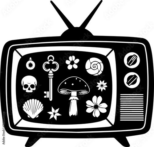 Mystical Retro Television Illustration with Nature and Occult Symbols