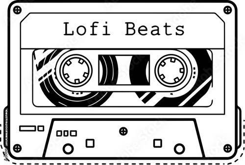 Simple outline illustration of a cassette tape labeled 'Lofi Beats', perfect for music, retro vibes, and creative audio projects.