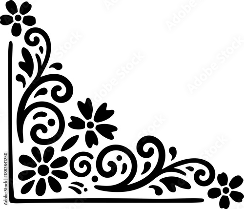 Elegant black and white floral corner ornament with swirling vines and blossoms, adding a touch of classic beauty to invitations and designs.