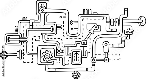 Abstract line art illustration of a complex mechanical system with pipes, gears, and levers, representing engineering or intricate processes.