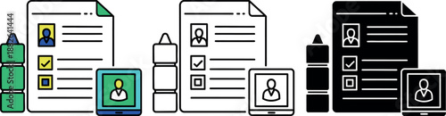 Colorful documents with checkmarks and on tablets and papers