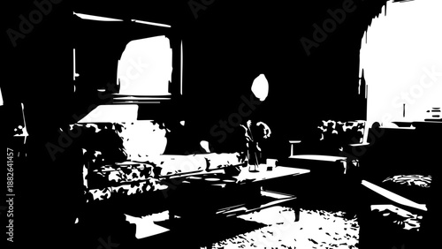 Retro 1970s living room interior with floral sofa and vintage decor, warm and nostalgic ambiance