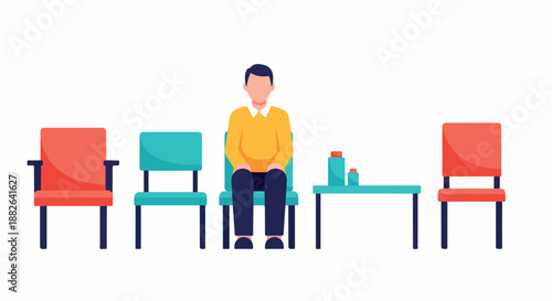 Man sitting at table with chairs in waiting area