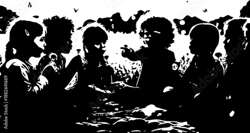 Diverse group of young children sitting on a colorful blanket in a sunny meadow, pointing and smiling