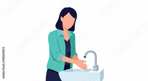 Woman washing hands at sink with transparent background