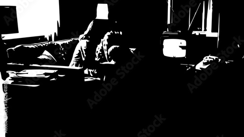 1970s family watching an old black and white television in a retro living room with avocado green walls and shag carpet