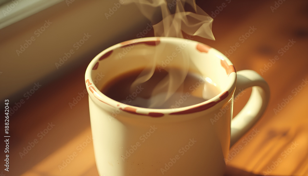 Fototapeta premium Steaming coffee served in a chipped ceramic mug, warm vintage color palette, soft haze and film grain