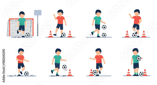 Boy practicing soccer skills with cones