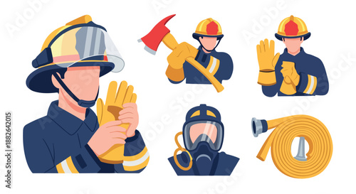 Firefighter equipment and personnel set with transparent background