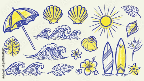 Tropical summer travel vector icons with palm tree and ocean wave sketch
