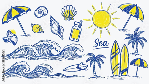 Summer beach doodle vector set with sun surfboards and tropical leaves
