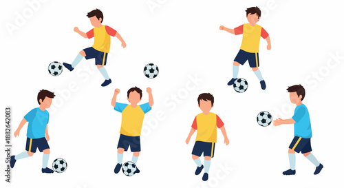 Boys playing soccer in various poses
