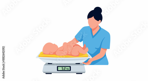 Nurse weighing newborn baby on scale