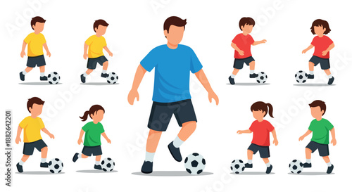 Kids and adult playing soccer with transparent background