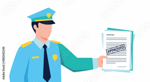 Security guard approving document with stamp