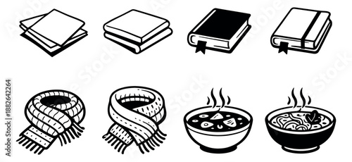 Hand drawn line art comfort items set featuring stacked papers, folded clothes, books, warm scarves, and hot steaming soups for home and leisure