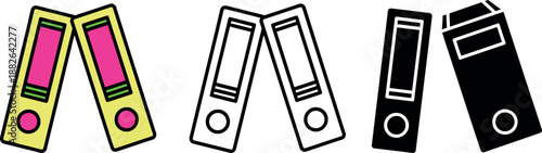 Four colorful binders with pink labels and green dividers standing upright in a row