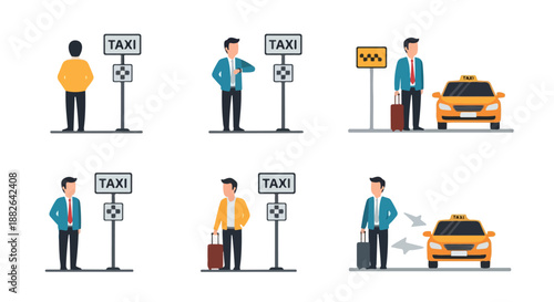 Taxi hailing scene with people and vehicles