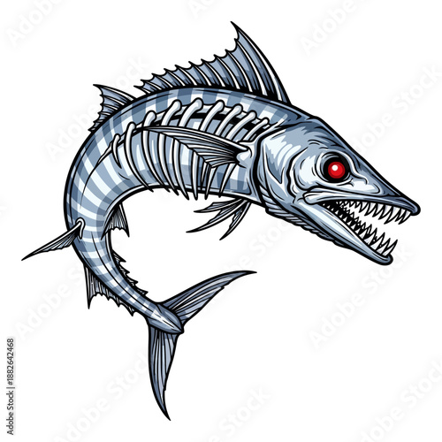 wahoo fish skeleton mascot with red eyes and sharp teeth for fishing team or brand logo