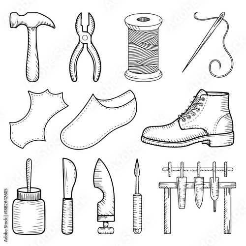Shoemaker Tools Illustration Set – Hand‑Drawn Leathercraft Icons