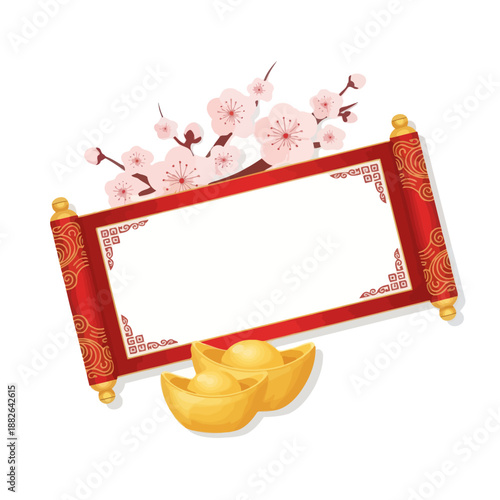 Chinese New Year Scroll with Cherry Blossoms and Gold Ingots