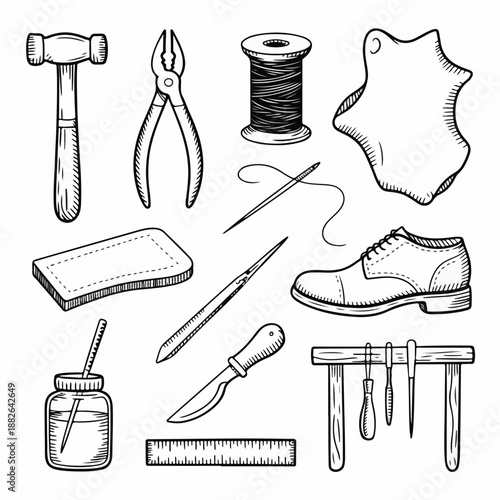 Shoemaker Tools Illustration Set – Hand‑Drawn Leathercraft Icons