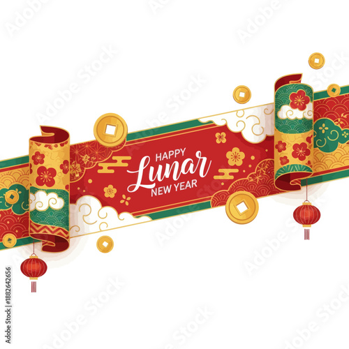 Happy Lunar New Year Banner with Chinese Elements, Lanterns, Coins, and Clouds