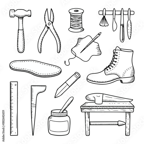 Shoemaker Tools Illustration Set – Hand‑Drawn Leathercraft Icons